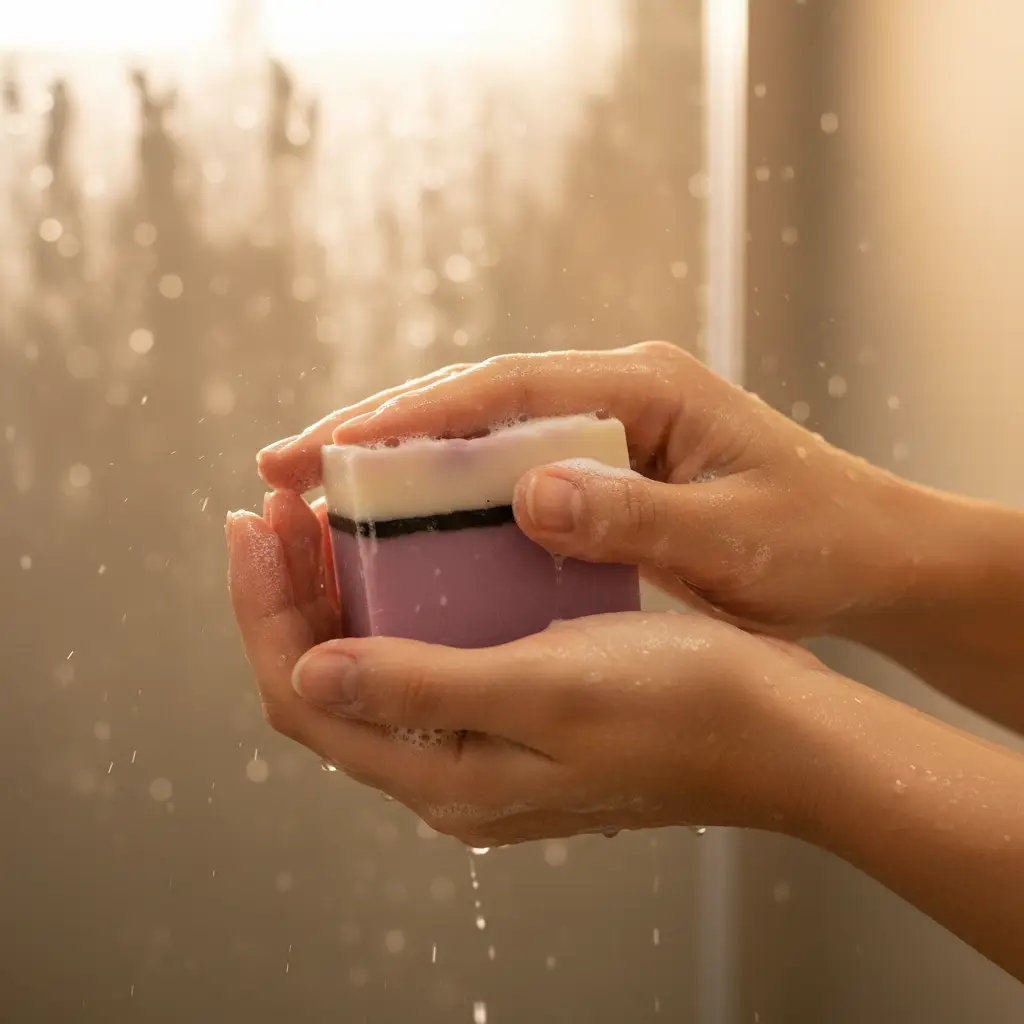 model showing lavender soap bar