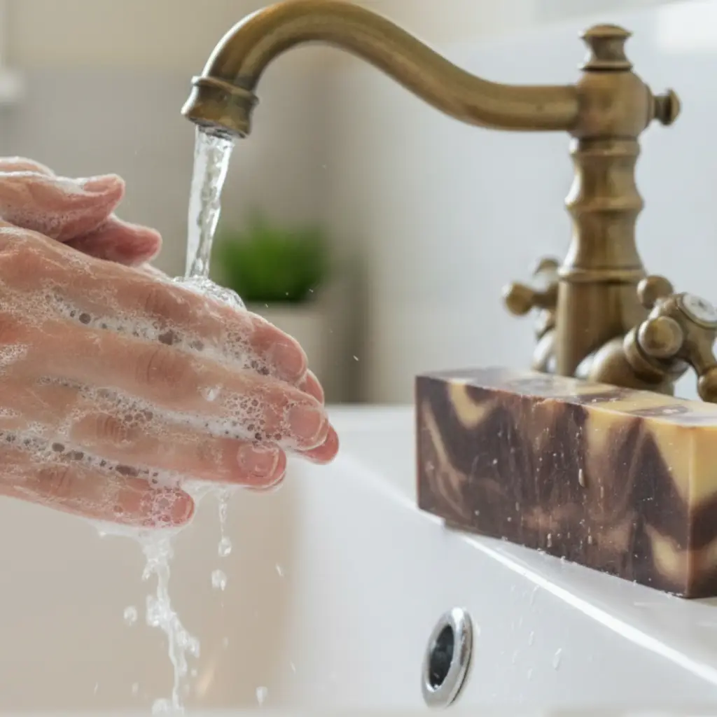 model washing her hands with vanilla soap